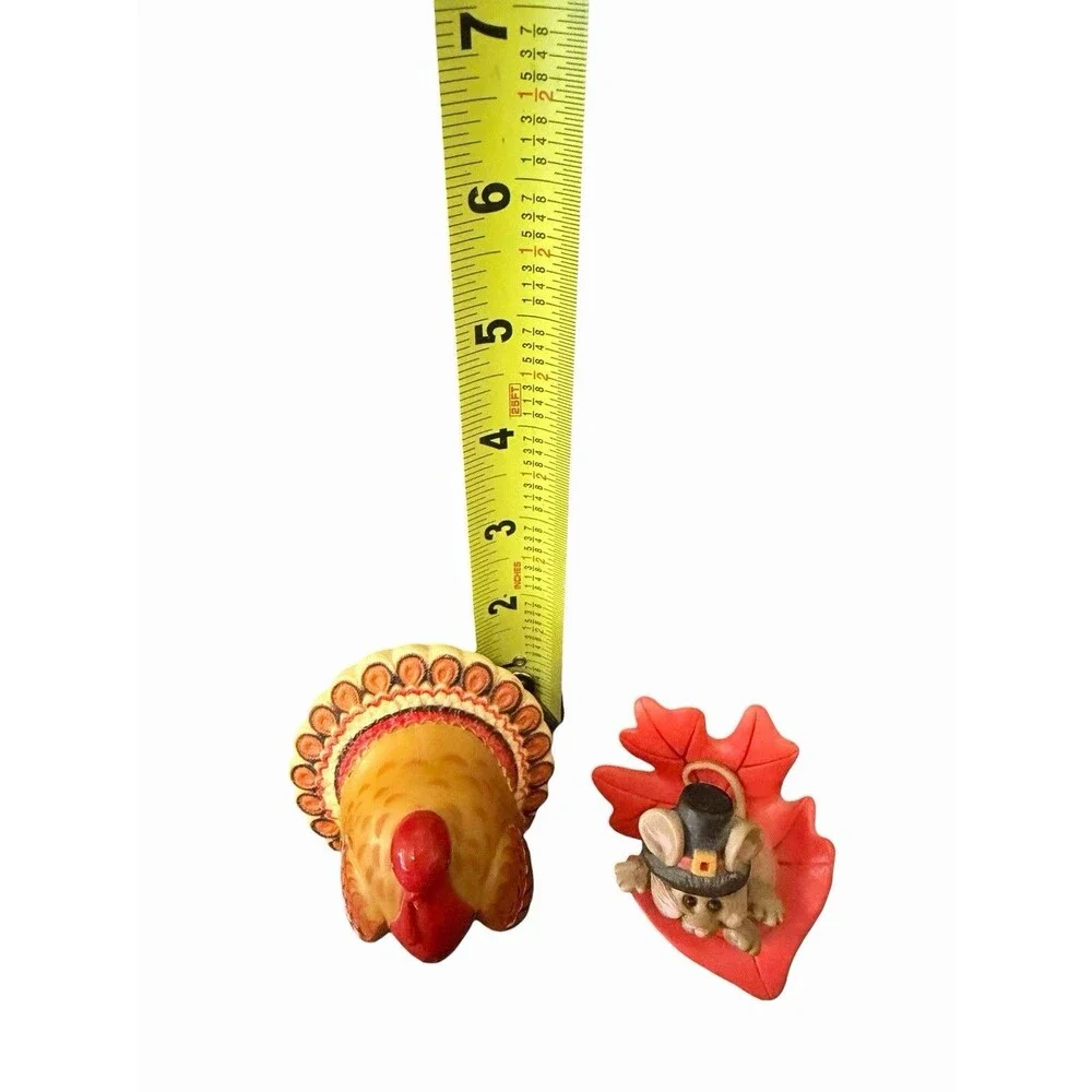 4 Vtg Hallmark Thanksgiving Merry Miniatures Turkey, Pilgrims, & Mouse On Leaf
